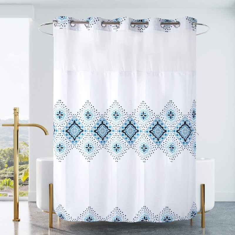 Ecoehoe Long 71x79 Hotel Grade Fabric Hook Free Shower Curtain with Polyester Replacement Liner White&Blue Boho Style â€“ Machine Washable Top See Through Mesh Window - Image 1